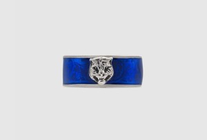 专柜正品 古奇gucci 925纯银 蓝色珐琅 老虎头戒指 情侣款