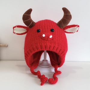 儿童婴儿男女牛年宝宝冬天红色喜庆拜年保暖毛线帽子厚可爱护耳帽