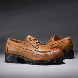 虫二坊手工复古牛皮大头皮鞋男真皮厚底增高高级商务休闲皮鞋翘头