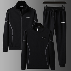 中国李宁运动套装男士2022春秋季新款纯棉宽松休闲卫衣裤子三件套