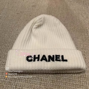 22b 香奈儿chanel 白色羊绒亮片logo 针织绒线帽冷帽帽子