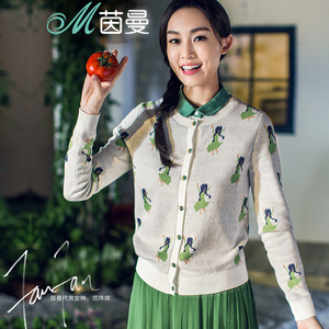 聚219茵曼 范玮琪2015秋新款棉印花百搭圆领