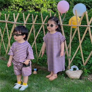 儿童紫色条纹兄妹装2024新款夏季女童长款卫衣连衣裙男童短裤套装