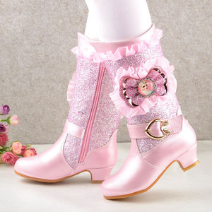 冬季新款女童高跟靴子冰雪奇缘爱莎公主靴儿童高筒长靴小女孩棉鞋