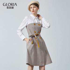 双|gloria/歌莉娅女装2018秋季拼接x型连衣裙188