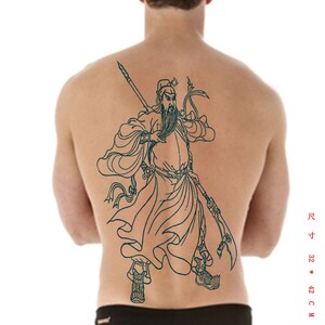 大刀关羽纹身贴防水男女大图案逼真持久关公关二爷割线刺青色线条
