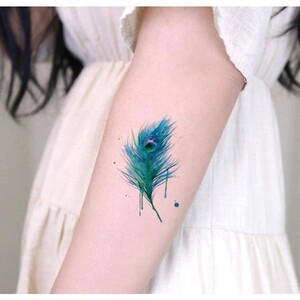 彩色孔雀羽毛锁骨纹身贴 防水女持久脚踝胸口手臂手腕颈部贴纸