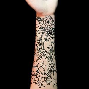 落泪艺妓龙姬割线半壁小腿纹身贴防水持久个性男女性感仿真刺青