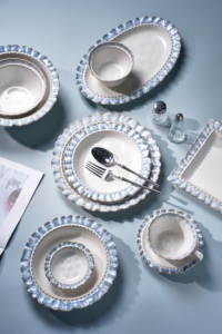 家用法式餐具套装烟蓝色花边碗碟盘子套装高级感陶瓷釉下彩餐具