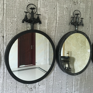 工业风复古做旧铁艺双水龙头挂镜酒吧咖啡厅墙饰壁挂镜子洗浴镜