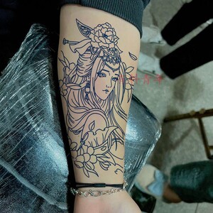 甄姬纹身贴持久防真防水妖姬花臂小腿艺妓龙姬线条图案刺青色美女