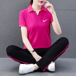 耐克顿短袖运动服套装女士休闲健身服夏宽松polo衫长裤两件套装女