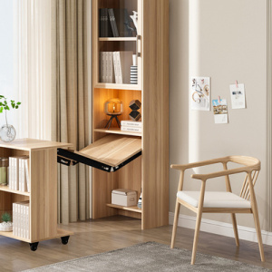 抽拉式隐形书桌书柜组合简约写字学习桌伸缩p折叠电脑桌书架一体