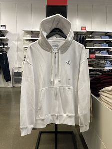 Calvin Klein/CK 男士宽松内加绒袋鼠兜刺绣LOGO纯色开衫连帽卫衣