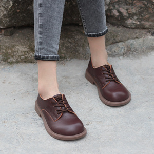 手工真皮舒适软皮大头鞋女头层牛皮平跟单鞋系带休闲日系圆头皮鞋