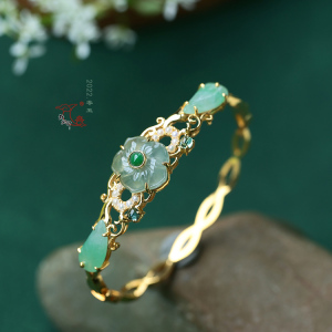 [静尘轩]银镀金镶嵌翡翠花朵叶子手镯 镯子 开口镯 原创设计