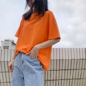 新款圆领橘色t恤女短袖纯棉bf宽松版港风少女橙色学生上衣ns潮