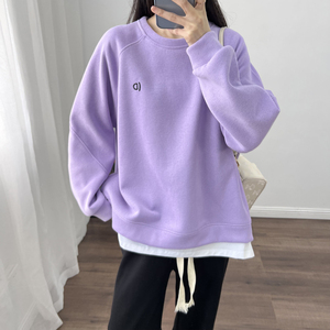 假两件圆领紫色卫衣女潮ins设计感小众慵懒风春韩版宽松圆领上衣