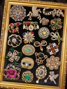 欧美宫廷风中古vintage复古气质彩色珐琅花朵宝石珍珠做旧胸针女