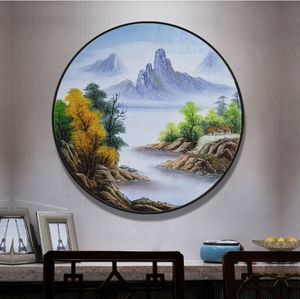 玄关圆形风景油画纯手绘装饰画山水画客厅餐厅入户简约新中式圆框