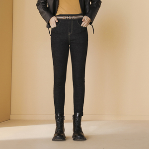 酷朵牛仔裤松紧腰加绒加厚小脚铅笔裤高腰梅鸿棉裤紧身女21q2156