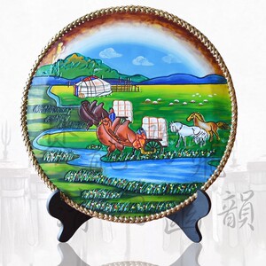 包邮 内蒙特色 工艺品画 苏鲁锭 蒙古皮画 纯牛皮手绘 草原风光图