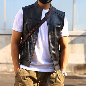 哈雷机车真皮马甲男头层牛皮春秋薄款网眼立领休闲真皮背心男外套