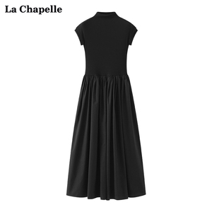 拉夏贝尔/La Chapelle夏季新款拼接针织短袖黑色连衣裙蓬蓬裙显瘦