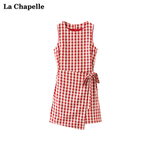拉夏贝尔/La Chapelle复古圆领系带红色格子不规则无袖连衣裙夏季
