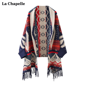 拉夏贝尔/La Chapelle复古流苏几何图形针织披肩外套民族风围巾女