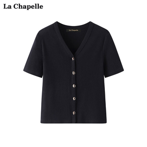拉夏贝尔/La Chapelle夏季复古黑色V领短袖针织衫女修身薄上衣
