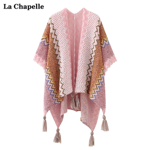 拉夏贝尔/La Chapelle云南旅游斗篷针织流苏披肩围巾撞色条纹外套