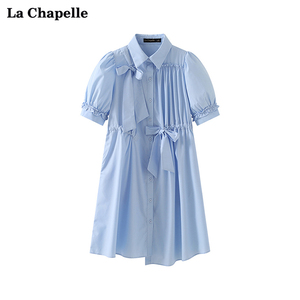 拉夏贝尔/La Chapelle蝴蝶结系带收腰可爱减龄花边衬衫连衣裙女夏