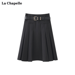 拉夏贝尔/La Chapelle高腰黑色腰带款百褶半身裙女a字中长裙春季