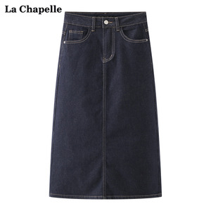 拉夏贝尔/La Chapelle复古蓝后开叉牛仔半身裙高腰显瘦a字裙长裙