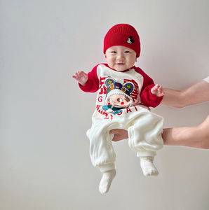 韩版宝宝冬装薄绒保暖连体衣超萌洋气哈衣周岁爬服婴儿红色过年服