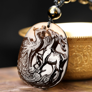 淘运阁开光属龙2018年凤鹿护岁保岁黑曜石吊坠生肖开运吉祥物男女