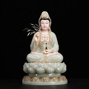 坐莲汉白玉观音菩萨佛像摆件 客厅家居供奉观世音菩萨保平安