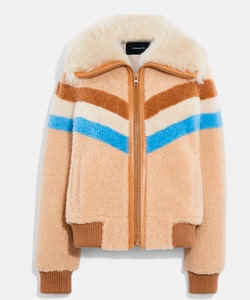 美国直邮coach女士翻领长袖 皮毛一体 羊羔皮毛 皮草夹克外套