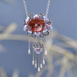 纯银梅花吊坠复古景泰蓝镶嵌南红玛瑙长款流苏毛衣链坠子国风潮女