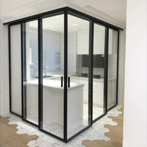 极简轻奢敞开式厨房书房隔断窄边细框转角超白玻璃推拉移门定制