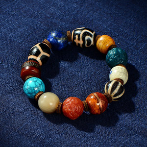 多宝玛瑙手串西藏三眼天珠九宫八卦牌配饰狼牙盘玩手链念珠饰品