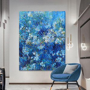 玄关抽象派花卉肌理挂画客厅克莱因蓝色系纯手绘油画大幅装饰壁画