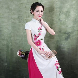 越南服奥黛旗袍连衣裙女长款2024新民族风走秀合唱团演出服新中式