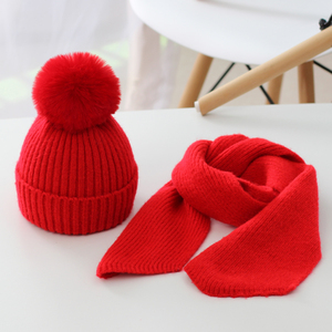 儿童帽子冬季女童围巾两件套红色针织保暖加厚加绒男童女童毛线帽