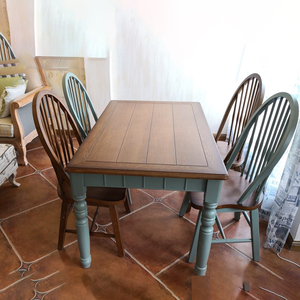 秋林木语912款美式复古实木餐桌家用小户型地中海风格餐桌椅组合