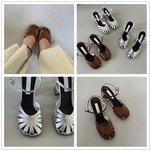 韩国产手工定制鞋时尚百搭罗马风粗跟真皮凉鞋高跟编织包头皮鞋女