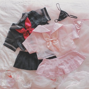 日系学生jk制服cos全透明半乳t水手服齐臀小短裙百褶裙领结