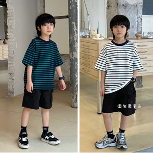 夏季 日系男童中大童短袖上衣 儿童刺绣色织黑白绿色条纹 半袖T恤