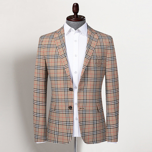 春夏季薄款巴宝莉纯色男士西服时尚痞帅烫钻休闲西装格子单西外套